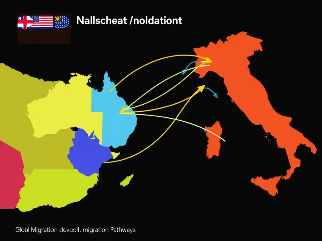 A digital illustration of a map highlighting Australia, Turkey, Greece, and Italy, symbolizing Global Migration Pathways' focus on facilitating migration from these regions to Australia.