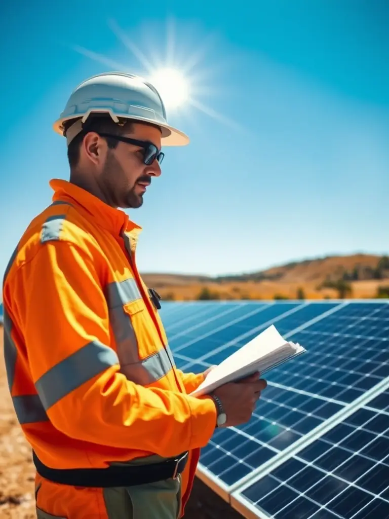 An Italian engineer working on a renewable energy project in South Australia, wearing safety gear and inspecting solar panels.