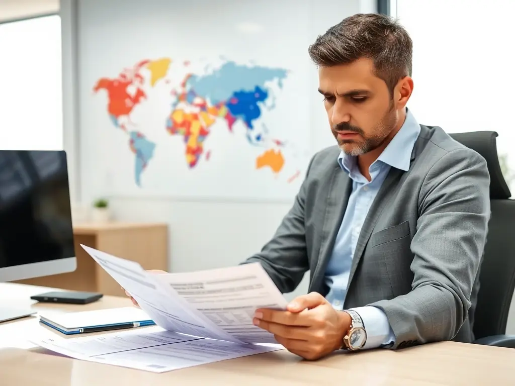 A professional from Turkey is reviewing documents related to Australian visa requirements in a modern office setting, with a world map in the background.
