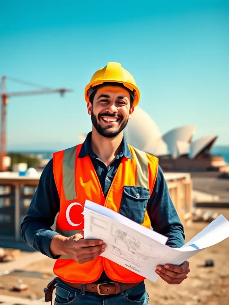 A professional photo of a Turkish construction worker on an Australian building site, smiling and wearing a hard hat, with the Sydney Opera House in the background.