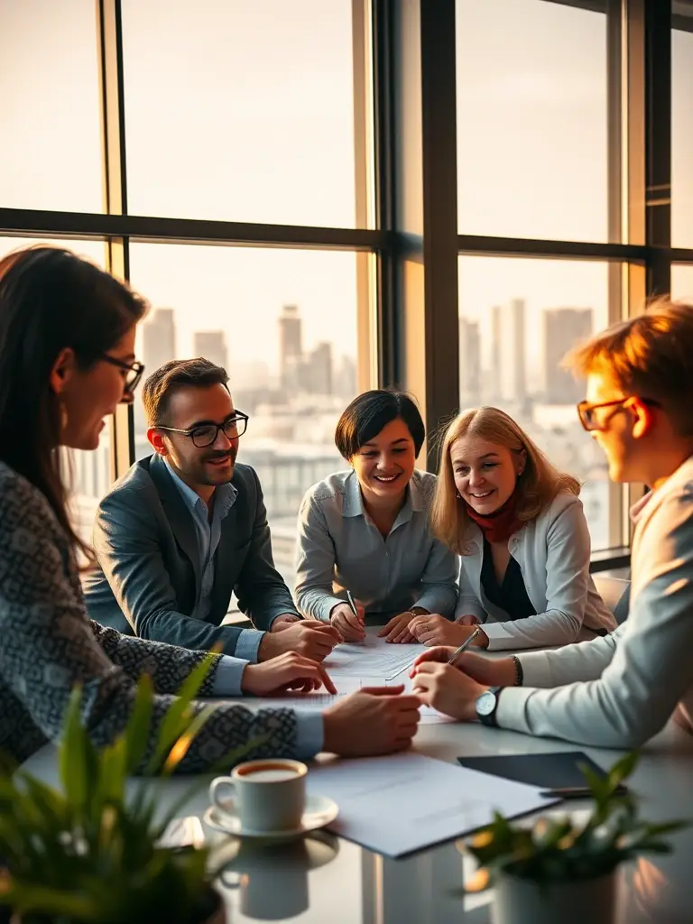A diverse group of professionals from Turkey, Greece, and Italy collaborating in a modern Australian office, showcasing the multicultural work environment.