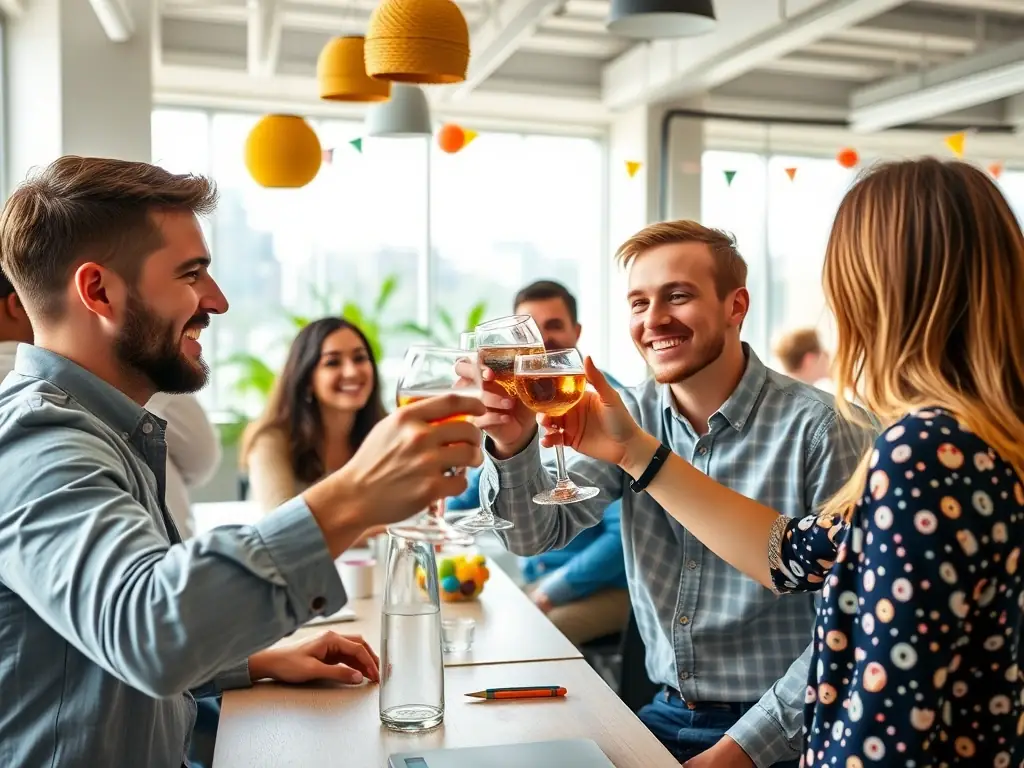 A young professional from Greece is celebrating their successful Australian visa application with colleagues in a co-working space.