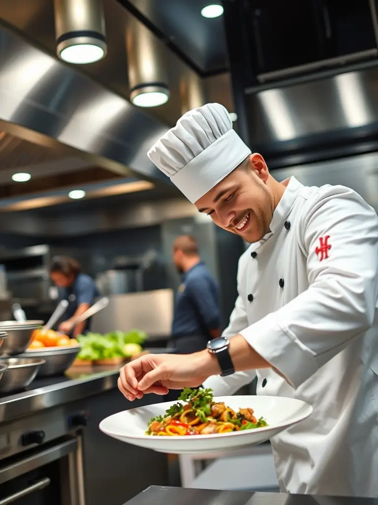 A Greek chef working in a modern Australian restaurant kitchen, preparing a dish with fresh, local ingredients, showcasing the culinary opportunities.