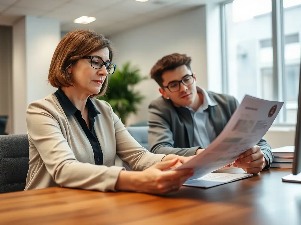 A friendly consultant assisting a client with their visa application in a modern office. The atmosphere is professional and supportive, reflecting Global Migration Pathways' commitment to personalized service.